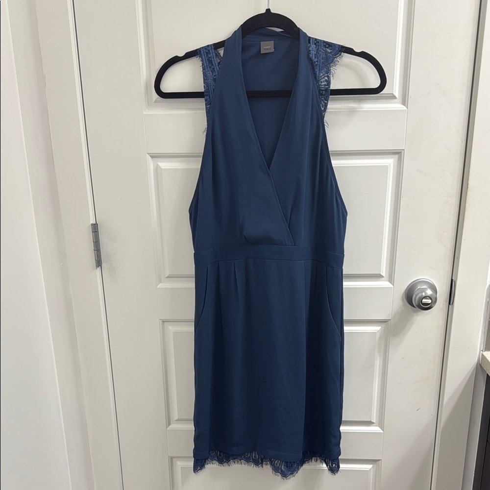 YAS V Neck Surplice Midi Dress Lace Trim Navy Size Medium